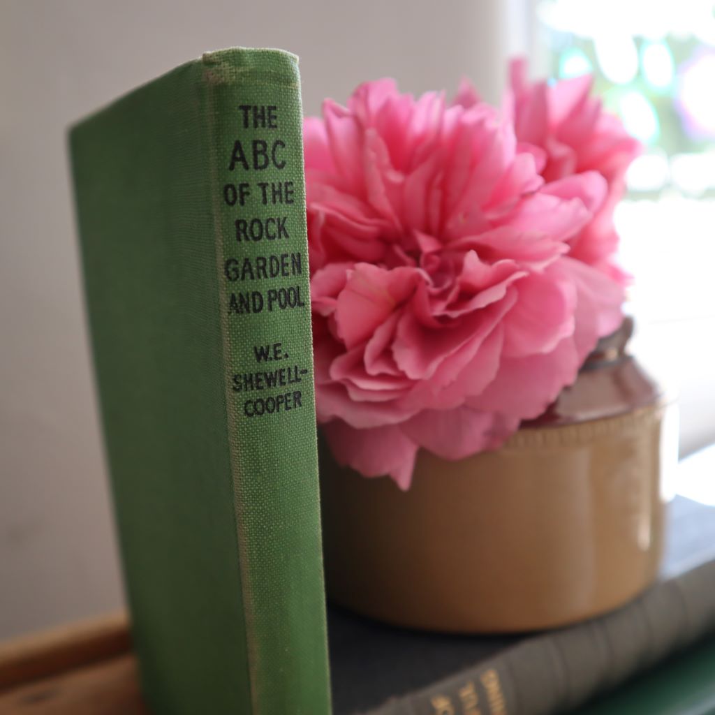 A copy of 'The ABC of the Rock Garden and Pool' by WE Shewell Cooper. The grassy green spine and cover is visble as it stands next to a stoneware jar of roses. Available from Bramble and Fox UK hygge shop
