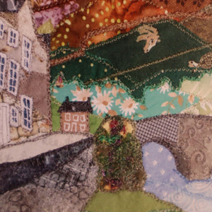 alt="close up of Beddgelert bridge patchwork textile art by Josie Russell, available at Bramble and Fox UK hygge cottaagecore shop"