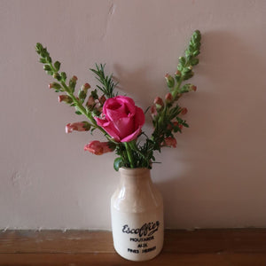 alt="vintage escoffier moutarde stoneware jar filled with cottage garden flowers. Available from Bramble and Fox UK hygge and cottagecore homeware shop"