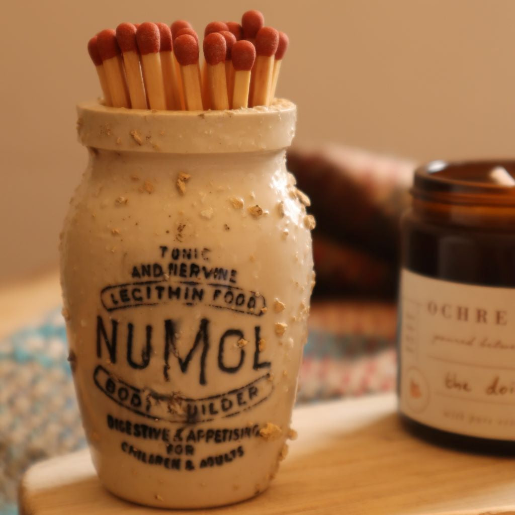 alt=" vintage numol pot jar filled with candle matches. Ochre and Flax candle just visble in background. Available from Bramble & Fox uk hygge homeware shop"