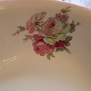 alt="james kent old foley victoria rose bowl. close up of design using pink cabbage roses. Bowl available from Bramble and Fox UK cottagecore home shop"