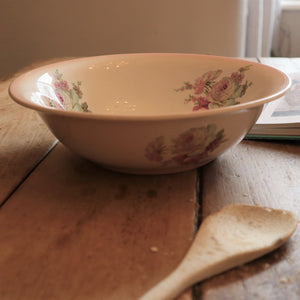 alt="james kent old foley victoria rose bowl side view in cosy baking scene. Bowl available from Bramble and Fox UK hygge shop"