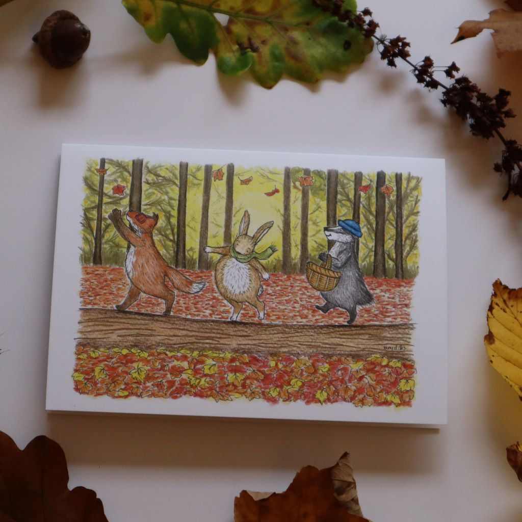 alt="Autumn Walk greetings card by Kerry Dilks, Available at Bramble and Fox UK hygge shop"