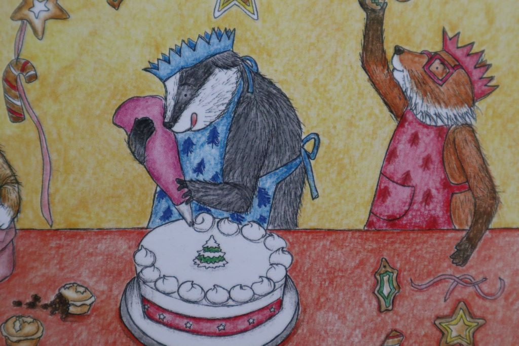 alt="close up of Christmas Baking christmas card by Kerry Dilks. Features badger, fox and rabbit making christmas cake, mince pies and christmas cookies. Available from Bramble and Fox UK hygge gifts and homewares"