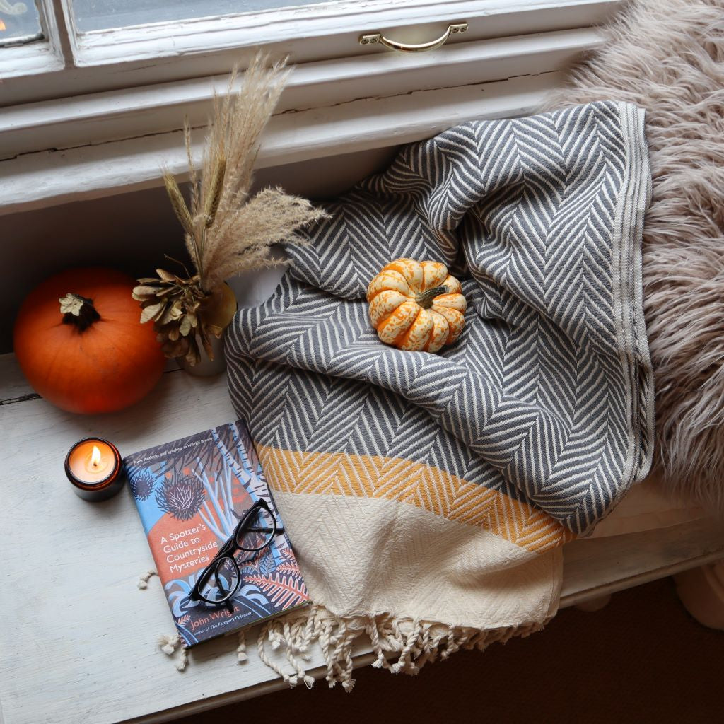 alt="cosy hygge aesthetic flatlay of mustard grey herringbone blanket throw, a copy of A Spotter's Guide to Countryside Mysteries and a autumnal pumpkins. Cosy homewares available at Bramble and Fox UK hygge shop."