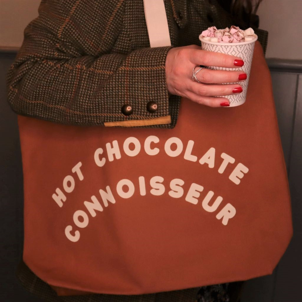 brown 'hot chocolate connisseur' tote bag with mid sized handles. Available from brambleandfoxshop.com