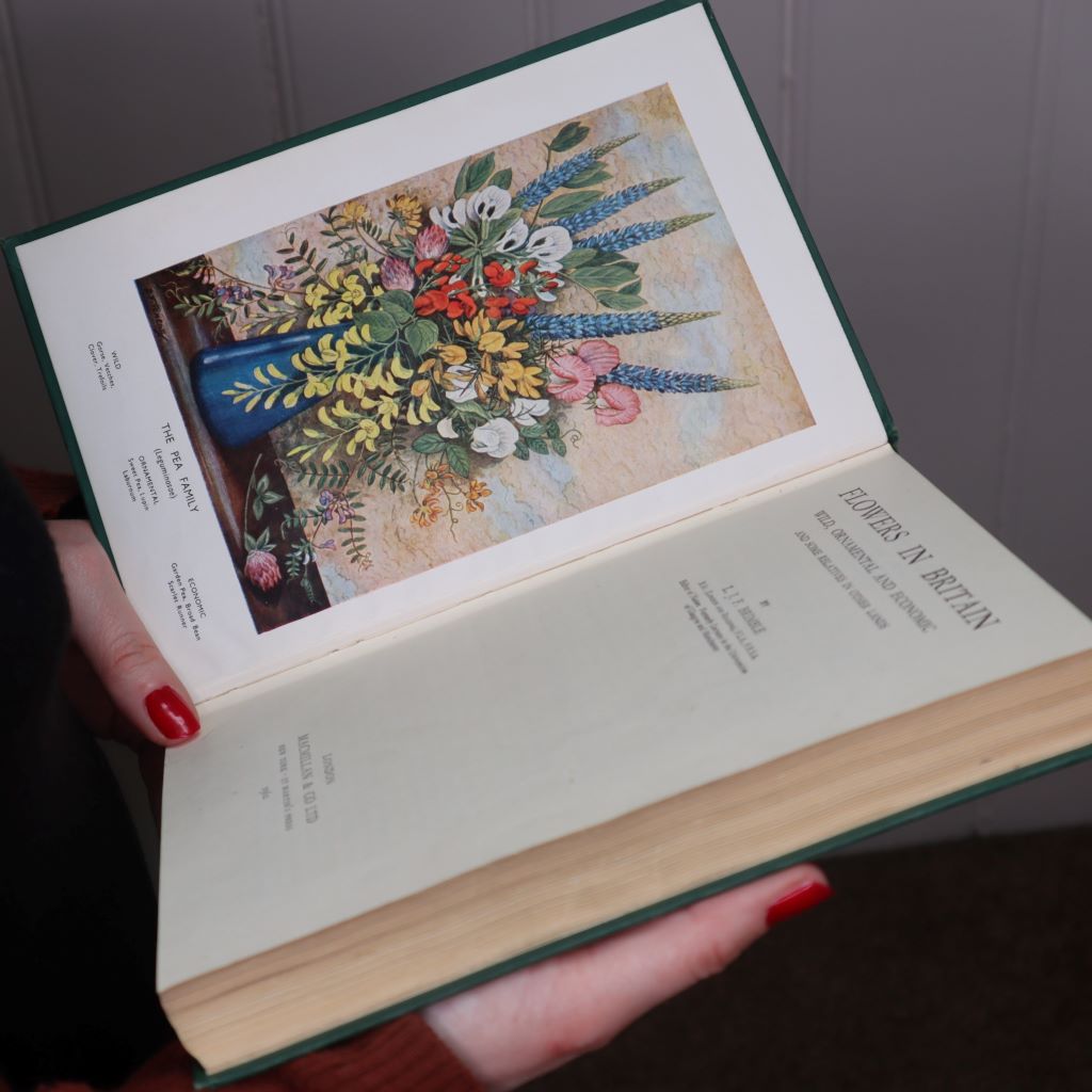 an open copy of 'Flowers in Britain' by LJF Brimble. The frontispiece features a vivid illustration of wild blooms cascading from a blue enamel jug. Book available from bramble and fox uk hygge shop