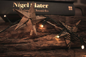 handmade brown paper origami lucky star garland with pegs by Raine and Son. Perfect for Scandi interiors.