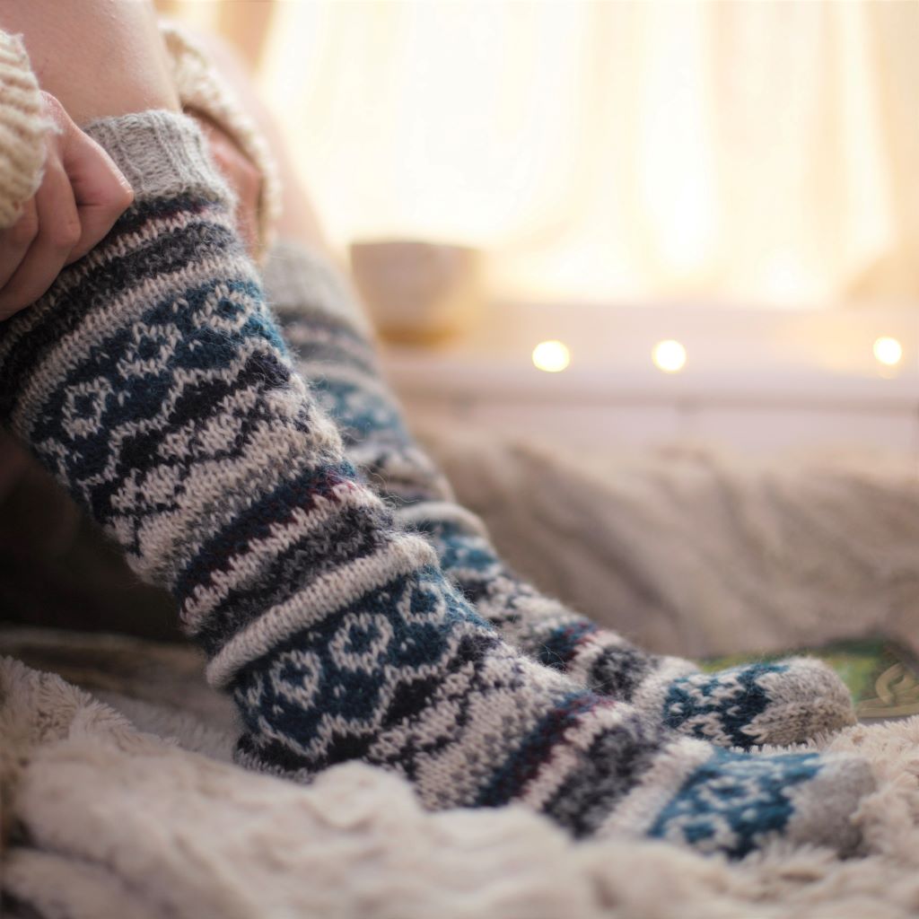 alt="hand knitted fair isle boot socks available from Bramble and Fox UK hygge gifts and homeware"