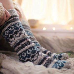 alt="hand knitted fair isle boot socks available from Bramble and Fox UK hygge gifts and homeware"