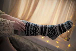 alt+"long fair isle knitted socks available from Bramble and Fox UK hygge and cottagecore shop"