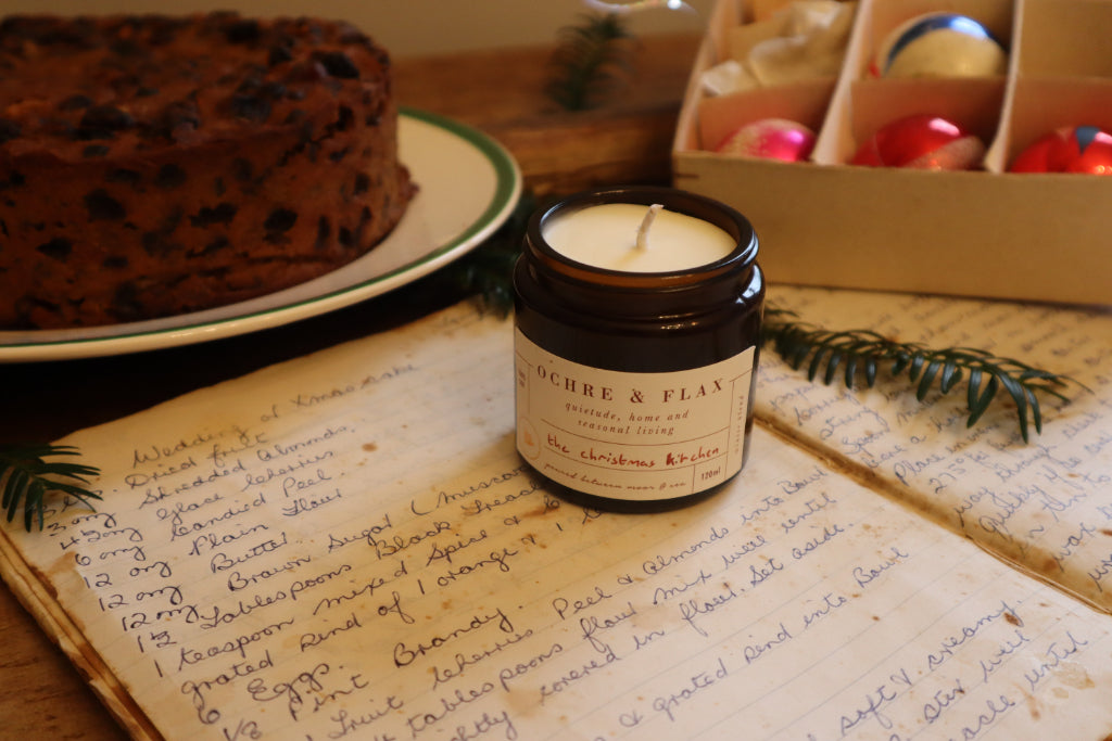 Ochre and Flax Christmas Kitchen Candle, Bramble and Fox, Uk, hygge shop, christmas cake, nostalgia, vintage christmas decorations