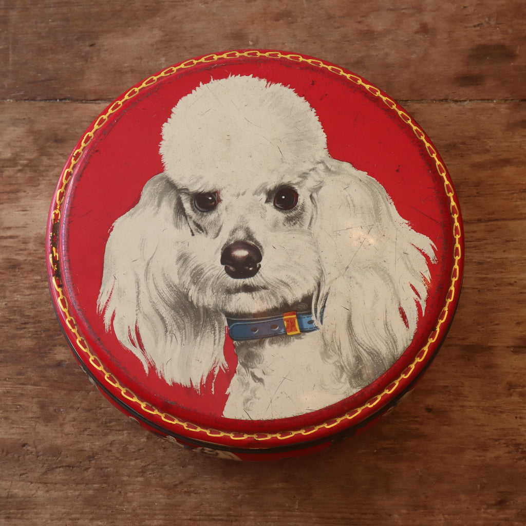 alt="peek and frean poodle biscuit tin. Sassy white poodle on scarlet background. Available from Bramble and Fox UK hygge shop."