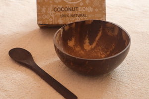 alt="jungle culture coconut shell bowl and spoon, available from Bramble and Fox UK hygge homeware shop"