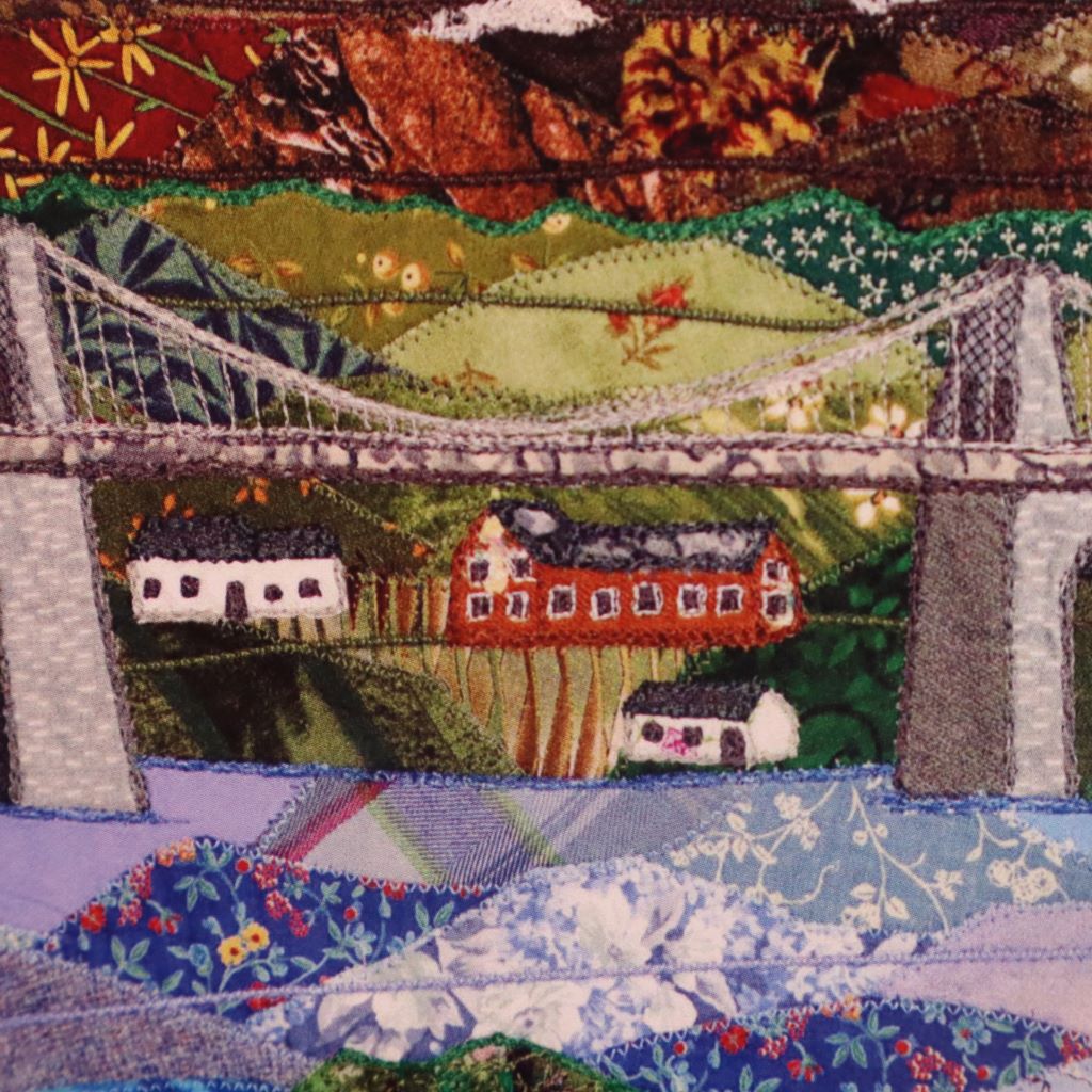 alt="close up of Menai bridge Wales textile art by Josie Russell. Available at Bramble and Fox UK cottagecore shop"